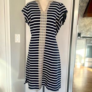 HATLEY striped dress with gold lace detail on front and on zipper in the back